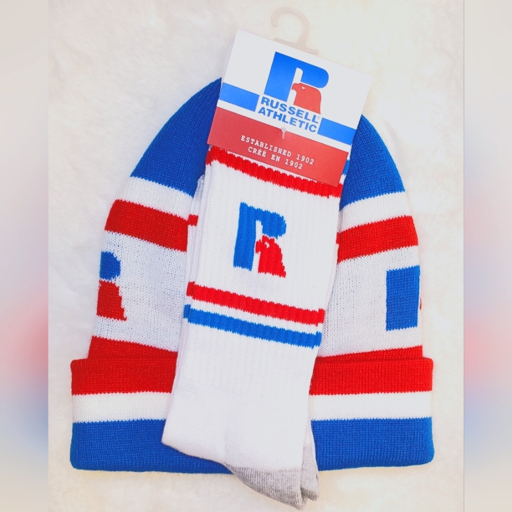 Russell Athletic Winter Beanie with Matching Adult Unisex Crew Socks